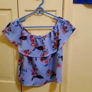 Blue shirt with flowers & birds by Liberty Love. Medium, lightweight, crop top